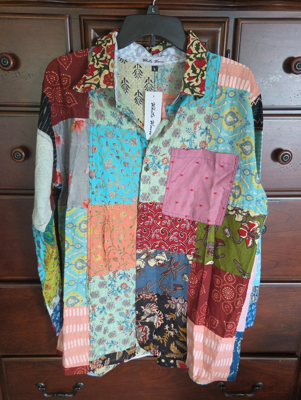 NWT, Colorful Patchwork Button-Up Shirt By White Waves, Sz. L